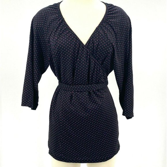 Igigi Tops - Igigi Wrap Blouse Polka Dot Black Pink Stretch